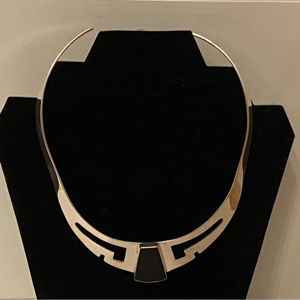 MEXICO MODERNIST NECKLACE STERLING SILVER BLACK ONYX COLLAR TORQUE TS-70 925 - Picture 7 of 12